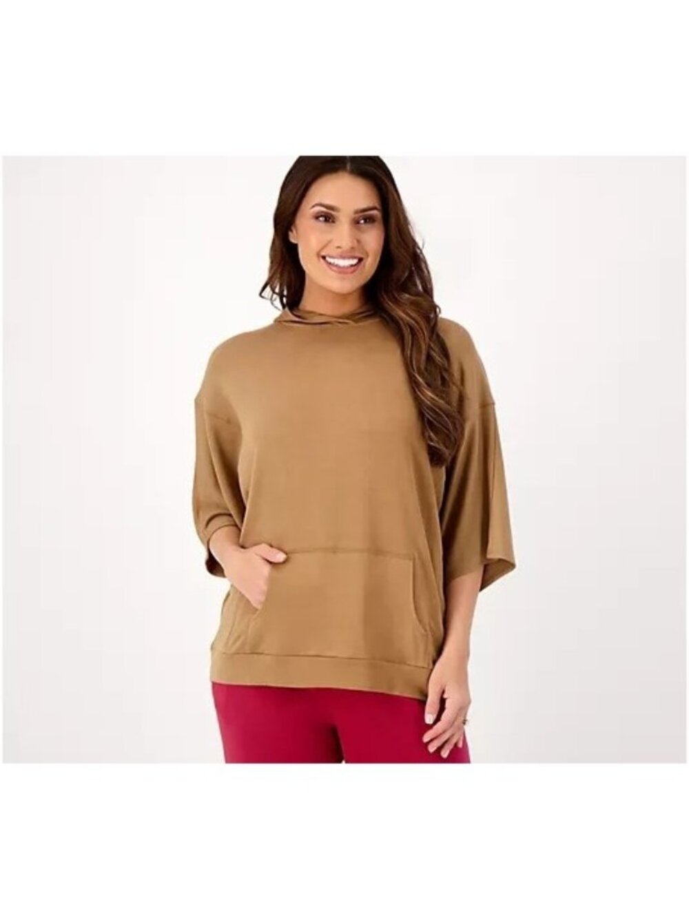 AnyBody Hooded Poncho XXXS/XXS Cozy Knit French Terry Pullover Desert Olive Tan